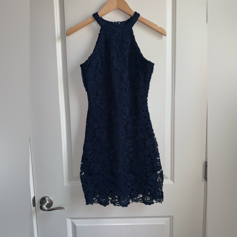 Lulu’s Elegant Navy Lace Halter Mini Dress Size XS